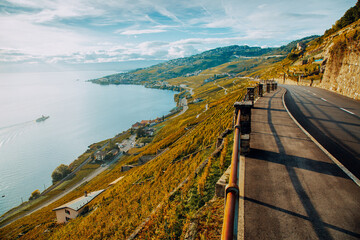 Lavaux, Switzerland: Motorway with stunning mountain view next to lake Geneva, Canton of Vaud