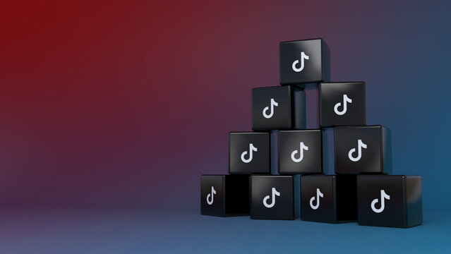 Pile Of Tik Tok Cubes Over Colorful Gradient Background. 3d Rendering