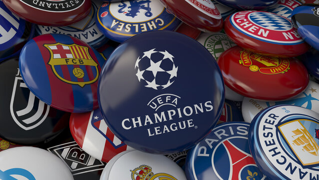 3d rendering of a badge with te Logo of UEFA Champions League surrounded by some badges of most important european football team