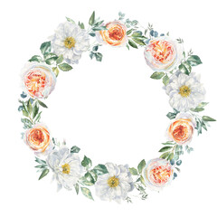 Watercolor floral rose, peony, botanical vintage wreath illustration. Flower composition bouquet, frame, greenery, rustic, luxury wedding stationery invitation, shabby chic baby shower,greeting card