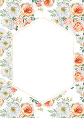 Watercolor floral rose, peony, colorful botanical shabby chic vintage frame illustration. Flower border, wreath, greenery, rustic, luxury wedding stationery invitation,baby shower,greeting card,print