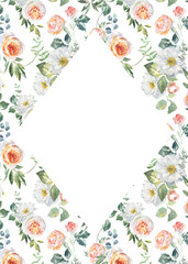 Watercolor floral rose, peony, colorful botanical shabby chic vintage frame illustration. Flower border, wreath, greenery, rustic, luxury wedding stationery invitation,baby shower,greeting card,print