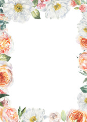 Watercolor floral rose, peony, colorful botanical shabby chic vintage frame illustration. Flower border, wreath, greenery, rustic, luxury wedding stationery invitation,baby shower,greeting card,print