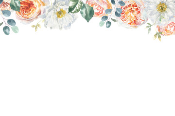 Watercolor floral drop, border frame illustration, botanical vintage banner, Flower composition with rose, peony, greenery, rustic, luxury wedding stationery invite, shabby chic, baby shower card	