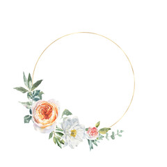 Watercolor gold floral frame illustration, botanical vintage frame, polygonal Flower geometry composition with rose, peony, greenery, rustic, luxury wedding stationery invite, shabby chic, baby shower