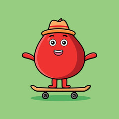 cute cartoon blood drop standing on skateboard with cartoon vector illustration style