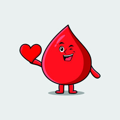 Cute cartoon blood drop character holding big red heart in modern style design 
