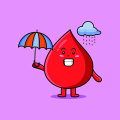 Cute cartoon blood drop character in the rain and using an umbrella in flat modern style design