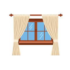 Flat interior composition. Window with curtains on the sides. Vector illustration isolated on white background.