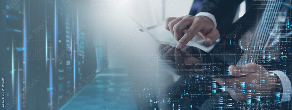 Poster computer engineer using digital tablet with server room, data center, big data storage as background