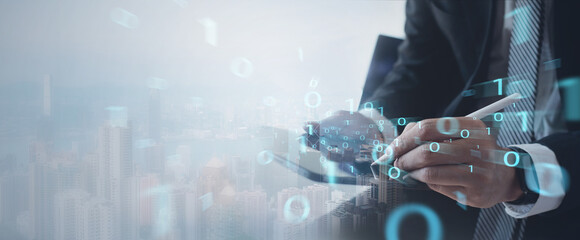 Internet network technology, telecommunication, 5g, 6g high speed internet, digital technology concept. Business man using digital tablet with binary code, mobile communication