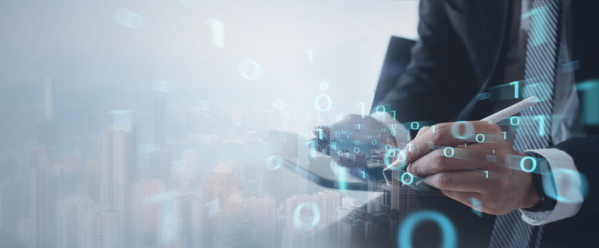 Internet network technology, telecommunication, 5g, 6g high speed internet, digital technology concept. Business man using digital tablet with binary code, mobile communication