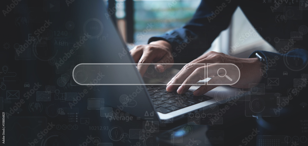 Poster data search technology, search engine optimization (seo). man's hands using laptop computer to searc