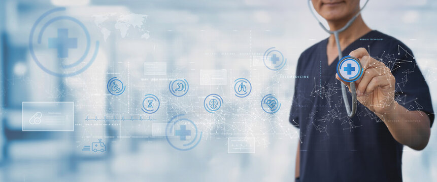 Telemedicine, Medical technology, Digital healthcare and global health network, virtual hospital concept. Doctor with stethoscope and electronic medical record system, health technology icon