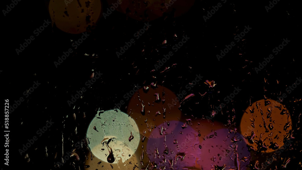 Aufkleber water drops on window trickling down on bokeh colorful lights background. concept. close up of wet w