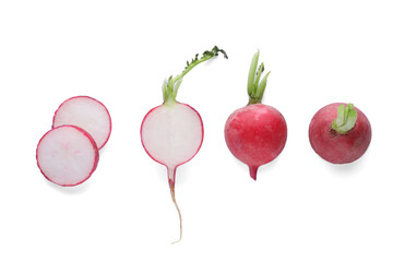 Whole and cut tasty ripe radish on white background, top view