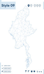Myanmar - white low poly map, polygonal map. Outline map. Vector illustration.