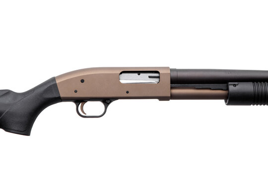 Pump-action 12 gauge shotgun isolated on a white back. A smooth-bore weapon bronze color with a plastic stock.