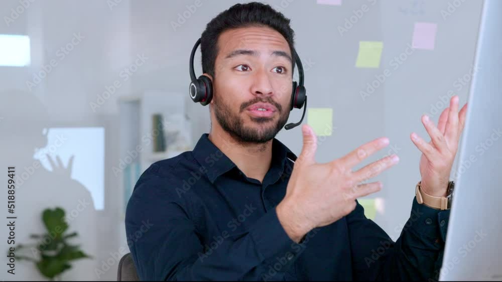 Poster Male call center agent talking on headset and explaining product while working in an office. Confident and cheerful salesman looking at computer and giving advice for customer service and support