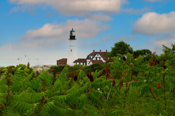 Coast of the ocean with a view of the lighthouse. Maine's famous lighthouse. USA. Maine. portland...