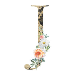 Watercolor black gold marble botanical alphabet illustration. Floral letter J,white peony,peach rose greenery boho bouquet.Luxury vintage floral wedding stationery, monogram initial invite,shabby chic