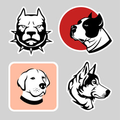 Pit bull, labrador, american staffordshire terrier, husky. Cute dogs as stickers for web design. Lovely puppies as sticker pack for design websites, logo, icons, signs, applications or social network.