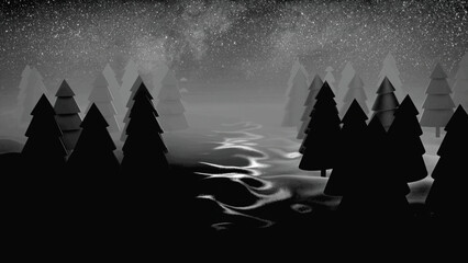 Monochrome abstraction of disappearing dark silhouettes of coniferous trees against the night sky and billions of shining stars. Animation. Beautiful monochrome abstraction