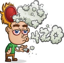 Dude smoking a marijuana joint with an empty skull propped open and pot smoke billowing out while blowing smoke rings in the shape of 420