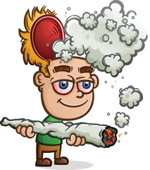 Blonde boy with bloodshot eyes smoking a giant marijuana joint with his empty skull propped open and pot smoke billowing out - 518863011