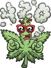 Pot Leaf with a Attitude and Sunglasses double pointing at you and smoking a joint under a cloud of smoke shaped like four twenty 420