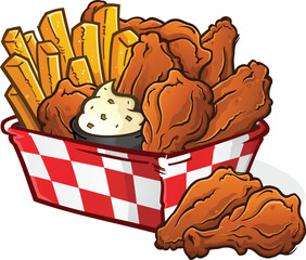 An irresistible chicken wing basket with crispy golden French fries fresh from the deep fryer - 518863020