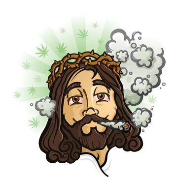 Skull cartoon character smoking a marijuana joint with a surrounding haze of billowing smoke vector illustration