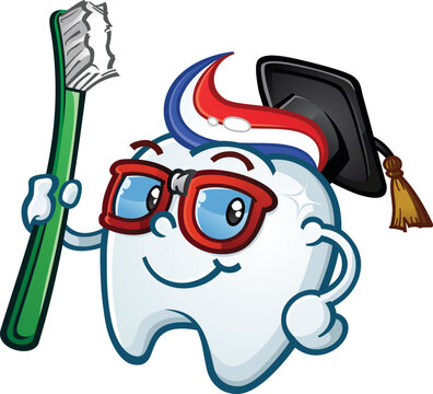Tooth student nerd wearing glasses and a grad cap holding a giant green toothbrush and giving an enthusiastic smirk