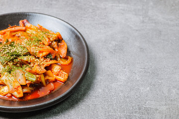 Korean food Stir-fried Squid, ojingeobokkeum : Squid stir-fried with onions, carrots, and cabbage in a spicy mixture of gochujang and red chili powder.
