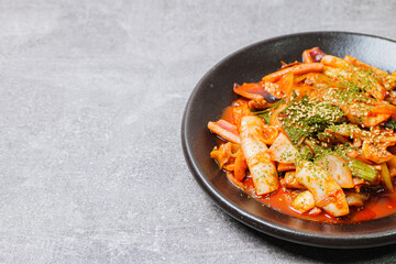 Korean food Stir-fried Squid, ojingeobokkeum : Squid stir-fried with onions, carrots, and cabbage in a spicy mixture of gochujang and red chili powder.
