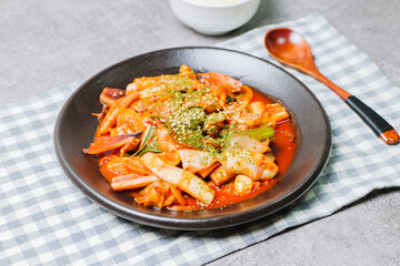 Korean food Stir-fried Squid, ojingeobokkeum : Squid stir-fried with onions, carrots, and cabbage in a spicy mixture of gochujang and red chili powder.