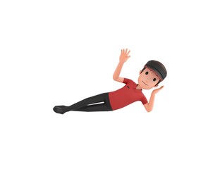 Fast Food Restaurant Worker character lying on floor and say hi in 3d rendering.