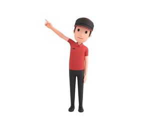 Fast Food Restaurant Worker character pointing up his index finger in 3d rendering.