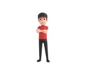 Fast Food Restaurant Worker character smiling with arms crossed in 3d rendering.