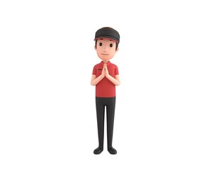 Fast Food Restaurant Worker character praying with hands held together in 3d rendering.