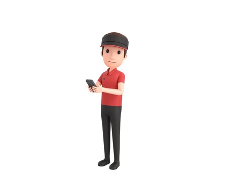Fast Food Restaurant Worker character using smartphone and looking to camera in 3d rendering.