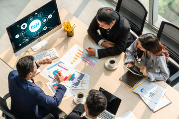 Decentralized finance or DeFi concept on modish computer screen . The defi system give new choice of investment and money saving .