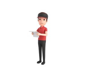Fast Food Restaurant Worker character reading paper and looking to camera in 3d rendering.
