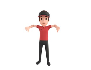 Fast Food Restaurant Worker character showing thumb down with two hands in 3d rendering.