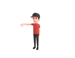 Fast Food Restaurant Worker character showing thumb down in 3d rendering.