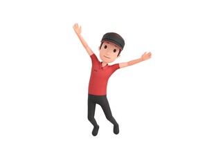 Fast Food Restaurant Worker character jumping in the air in 3d rendering.