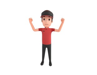 Fast Food Restaurant Worker character raising two fists in 3d rendering.