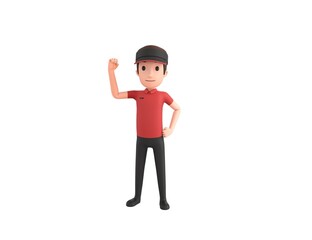 Fast Food Restaurant Worker character raising right fist in 3d rendering.