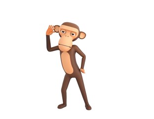Monkey character hold hand near ear listening rumors in 3d rendering.