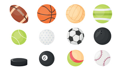 Fototapeta premium Set of balls. Collection of inventory for different sports. Football, rugby, basketball, volleyball, golf, bowling, hockey and tennis. Cartoon flat vector illustrations isolated on white background